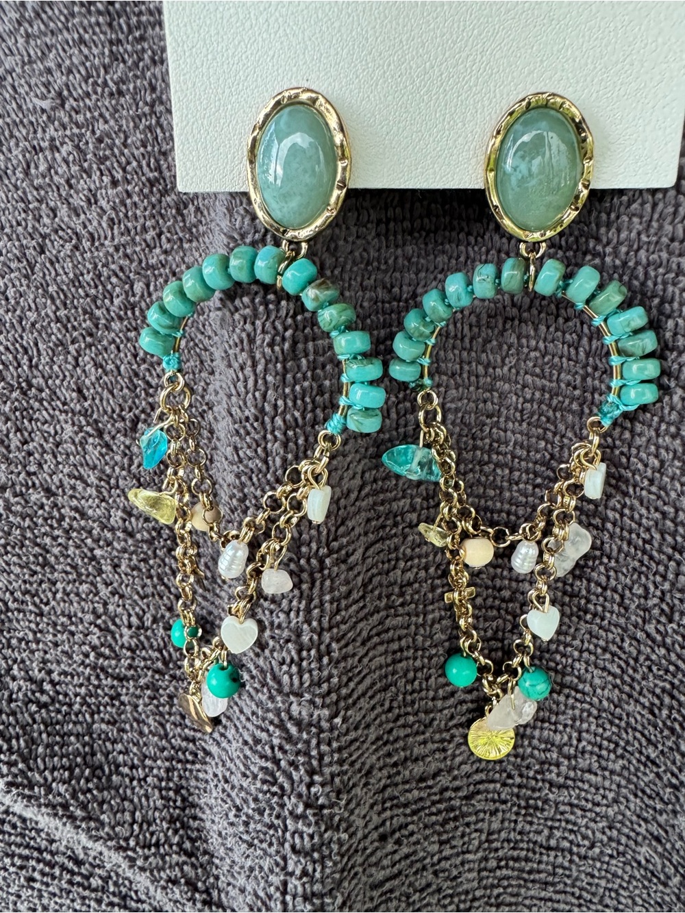 Free People Turquoise Beaded Hoop Dangle Earrings with Gold Accents - Picture 2 of 3